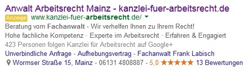 Darstellung 3: Einbindung von Mandantenbewertungen in die AdWords-Anzeigen