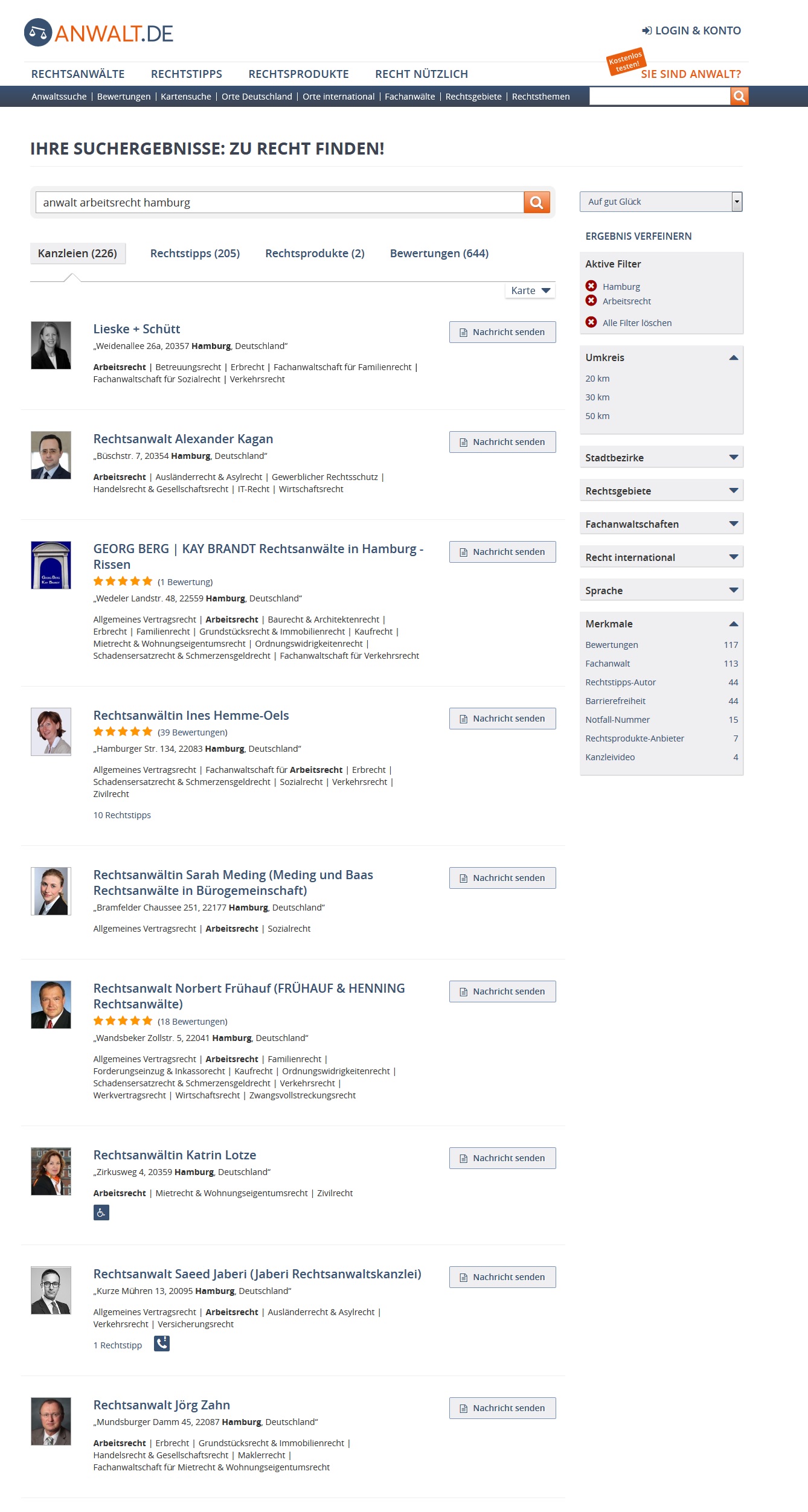 Darstellung 4: Suchergebnisseite von anwalt.de. Einträge mit Mandantenbewertungen heben sich von den anderen ab.