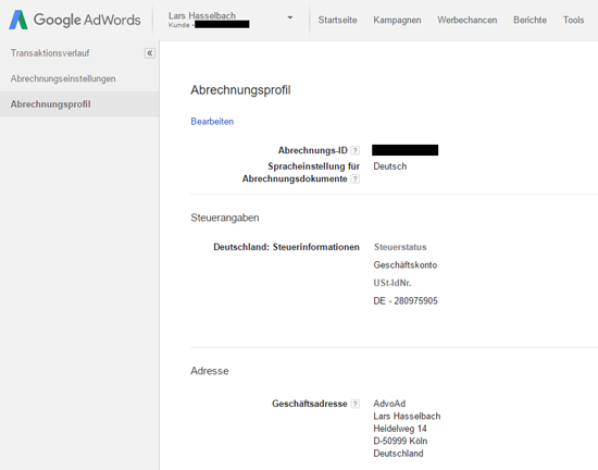 Abbildung 2: Im Bereich „Abrechnungsprofil“ des AdWords-Kontos wird die USt-ID eingetragen. Hier ist außerdem ersichtlich, dass es sich um ein Geschäftskonto handelt.