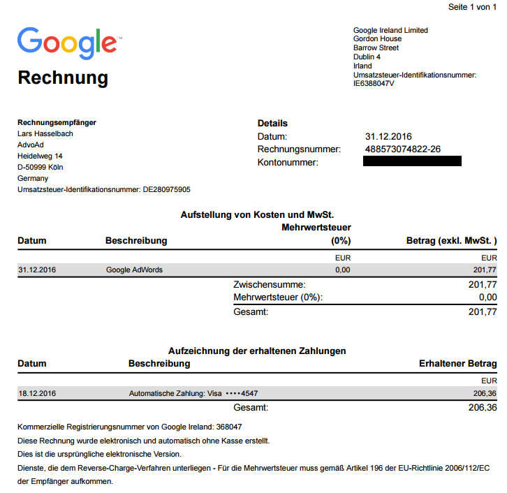 Abbildung 3: Beispielrechnung von Google AdWords: USt-ID des Kunden ist hinterlegt und es wird keine Umsatzsteuer ausgewiesen. Am unteren Ende der Rechnung findet sich der Hinweis auf das „Reverse-Charge-Verfahren“. 